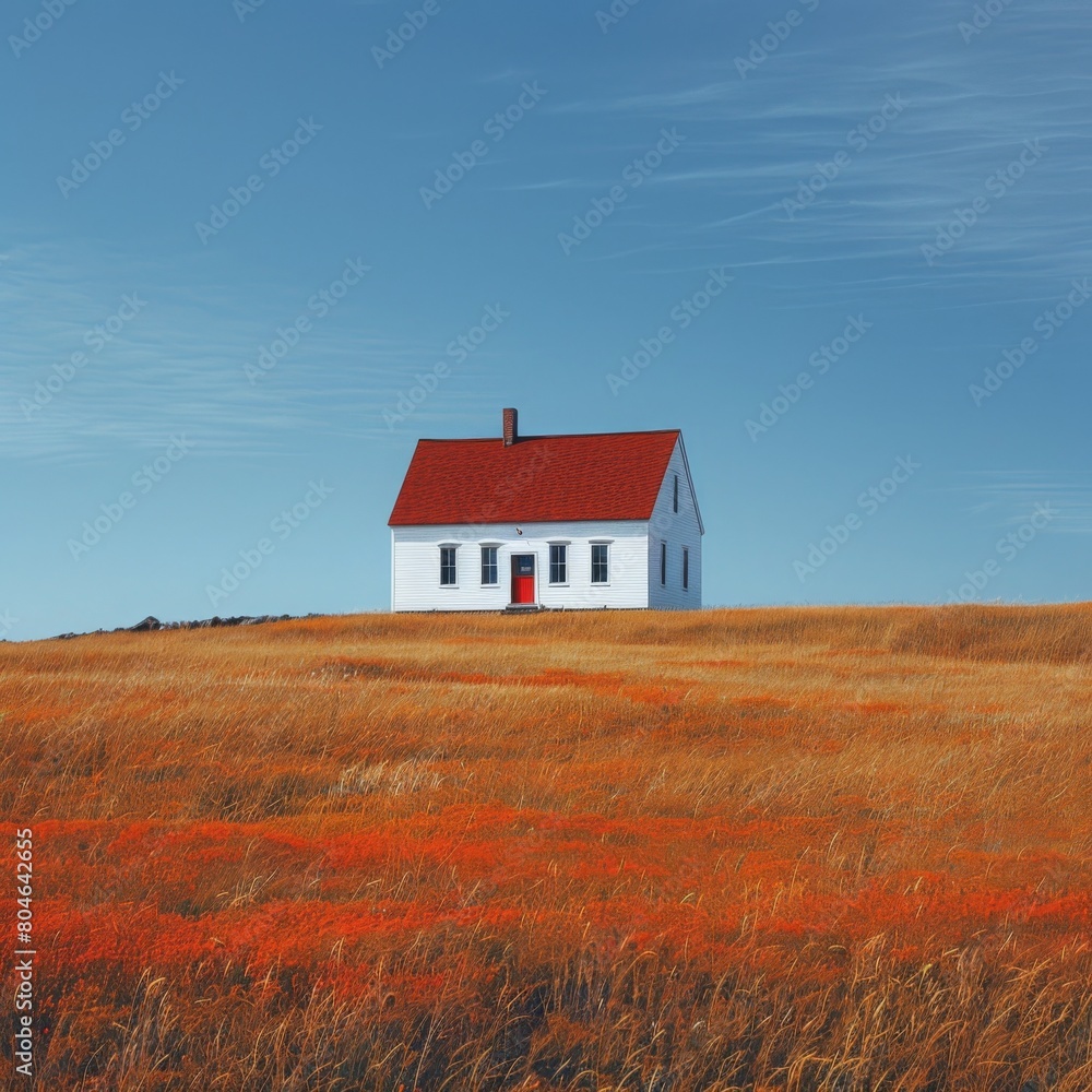 Obraz premium Small house in a field with red poppies and blue sky