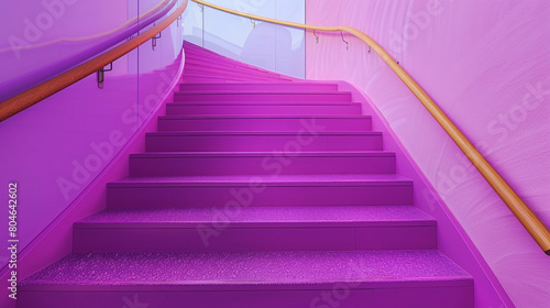 Vivid violet stairs with a minimalist wooden handrail  full length view in a dynamic pose.