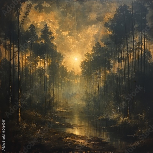 Pine trees in a foggy forest at sunrise, oil painting in sepia