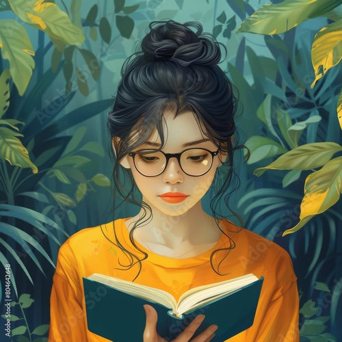 Girl with glasses reading a book in the jungle
