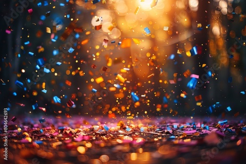 Colorful confetti and tinsel on bokeh background. photo