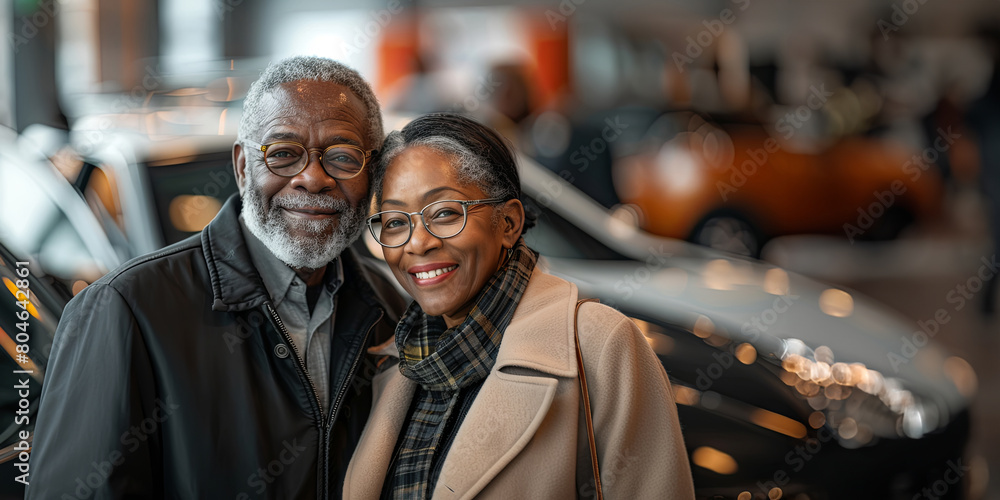 Smiling elderly couple embracing warmly at a car dealership with soft-focus cars in the background.