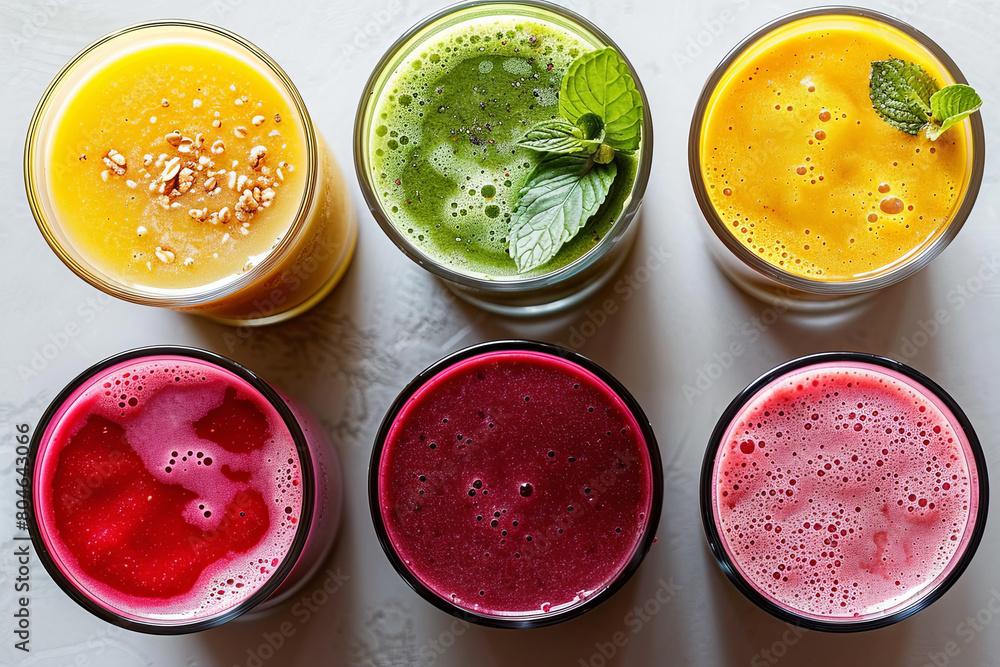 Vibrant assortment of five freshly blended fruit and vegetable juices in a top-down view. Vibrant assortment of five freshly blended fruit and vegetable juices in a top-down view.