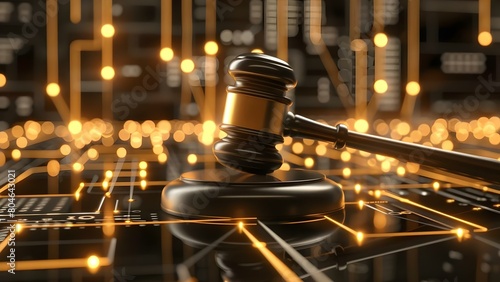 Use of Digital Gavel Enhances Legal Protection for Large Companies in Court Decisions. Concept Legal Technology, Digital Transformation, Corporate Litigation, Court Proceedings, Legal Innovation photo