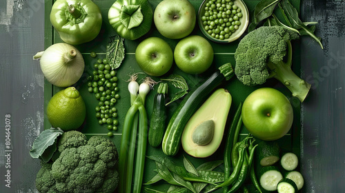 Vibrant green vegetables and fruits organized on a green surface.