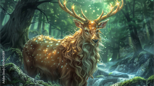 The majestic golden deer stands in the heart of the enchanted forest, its ethereal beauty captivating all who behold it