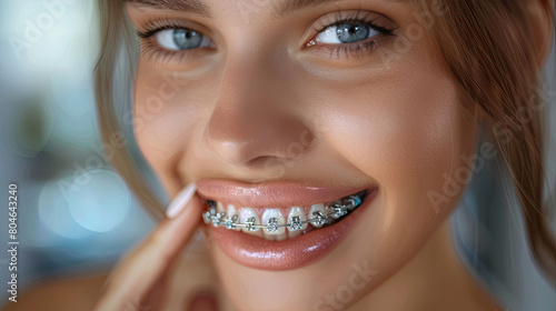 Young woman with captivating eyes and braces smiling mischievously, epitomizing allure. photo