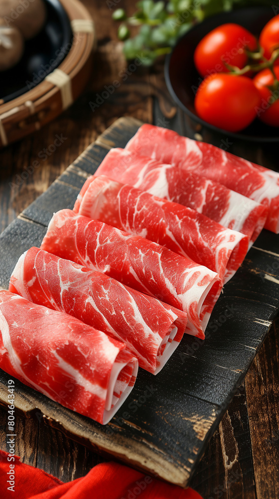 sliced fatty meat roll for hot pot arranged on a textured wooden table, suitable for commercial use. sliced fatty meat roll for hot pot arranged on a textured wooden table, suitable for commercial use.