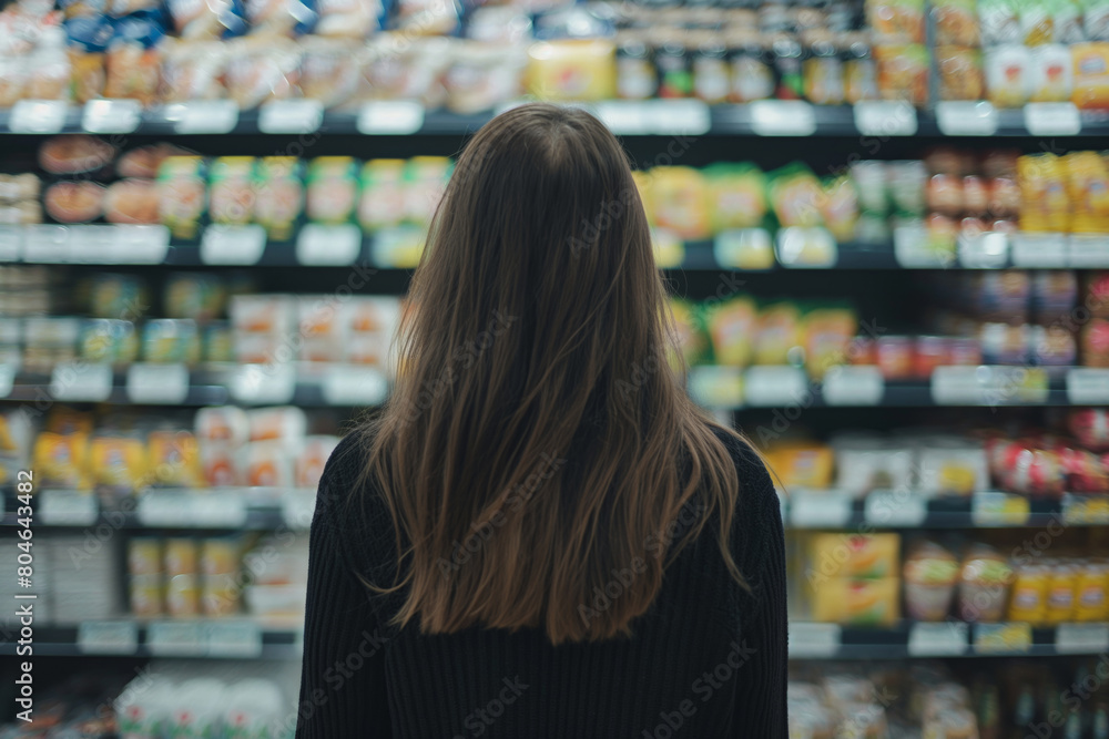 A woman is browsing products on shelves in a grocery store. Generative AI A woman is browsing products on shelves in a grocery store. Generative AI
