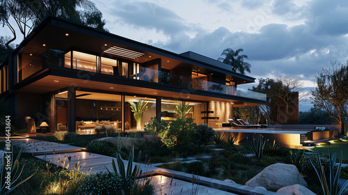 A sleek, contemporary mansion adorned with soft, ambient lighting, nestled amidst a lush garden.