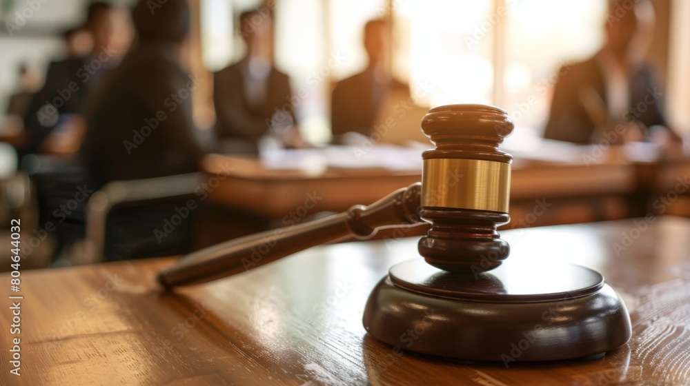 Judge gavel with Justice lawyers having team meeting at law firm in background. Concepts of law. Judge gavel with Justice lawyers having team meeting at law firm in background. Concepts of law.