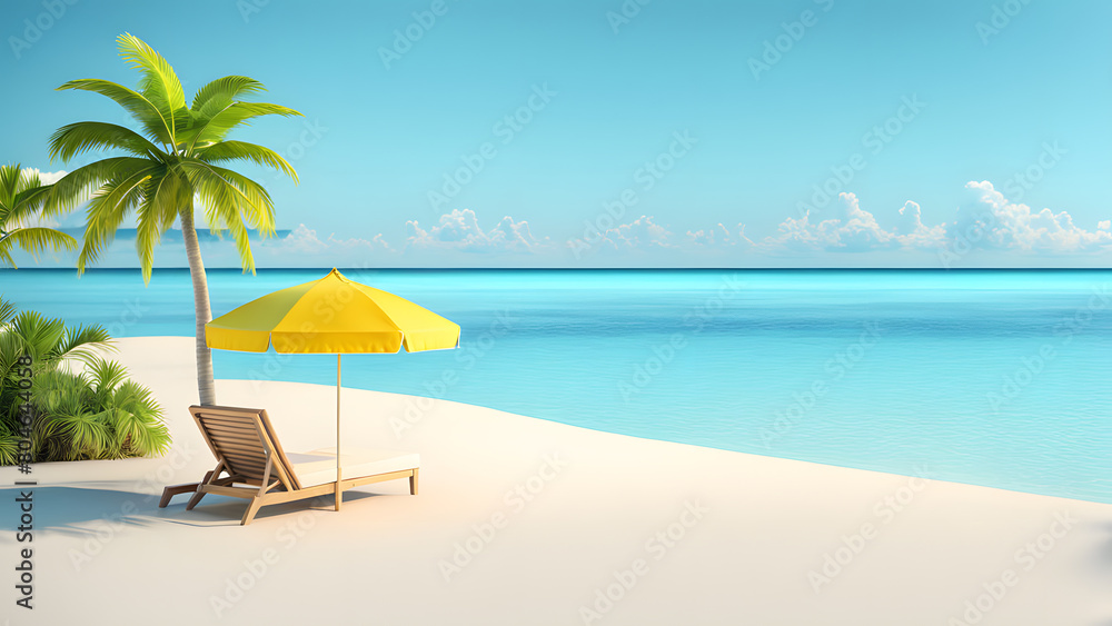 A yellow umbrella is on a beach next to a chair