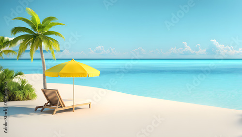 A yellow umbrella is on a beach next to a chair