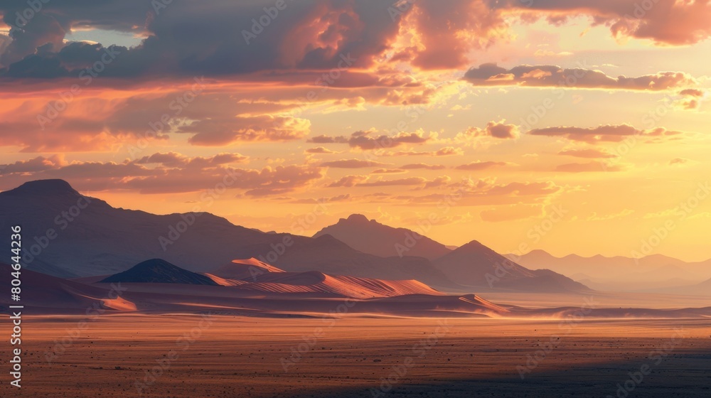 Stunning landscape of desert dunes under a colorful sunset sky