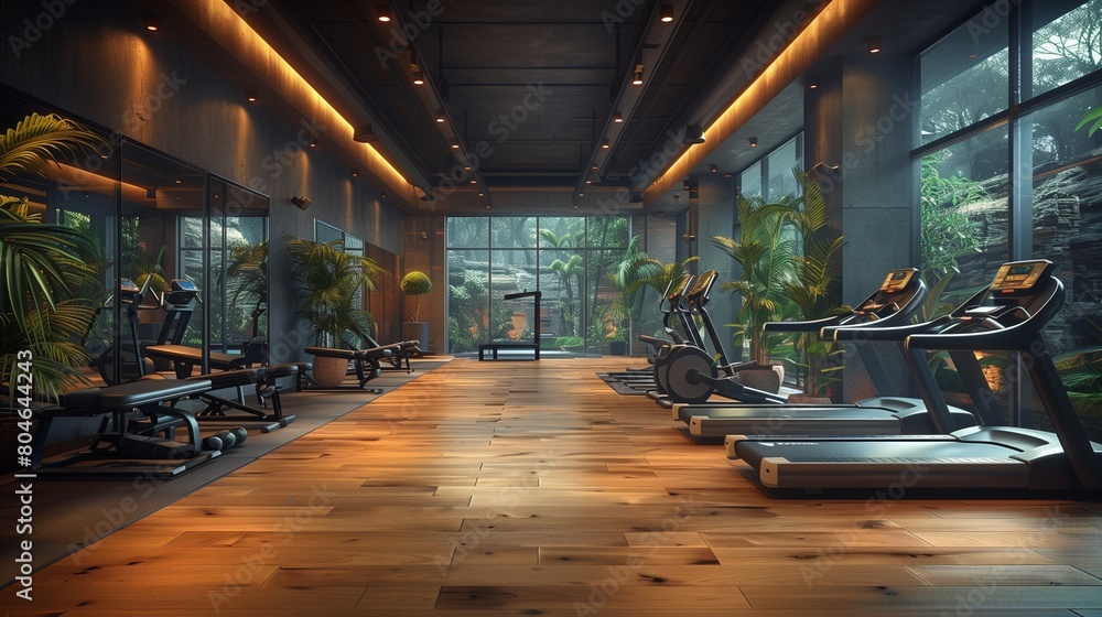 Modern gym with virtual reality fitness games, interactive and futuristic, left side text space.