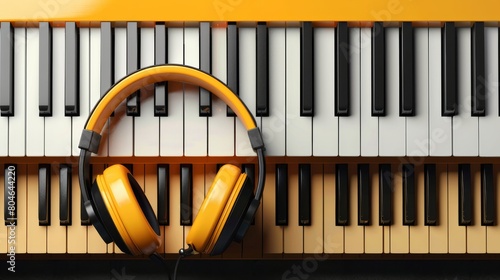 Yellow piano keys with yellow headphones. photo