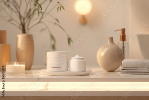 Bathroom counter featuring candles, vases, towels, and tableware. Mockup product. Generative AI