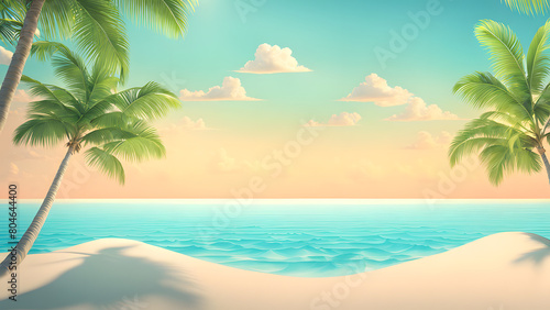 A beautiful beach scene with palm trees and a blue ocean