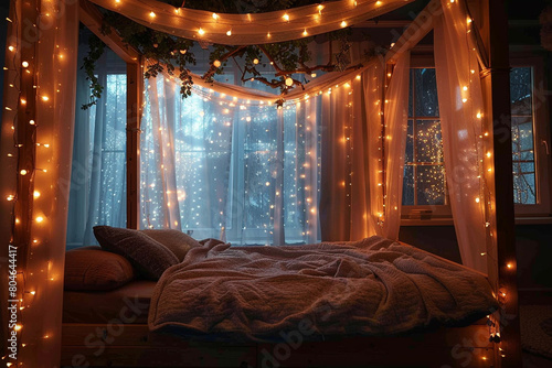 Whimsical fairy lights twinkling above a canopy bed, creating a magical ambiance.
