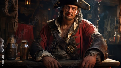 Captain of the high seas: a charismatic pirate in a cocked hat, surrounded by historical symbols, evoking the spirit of the Caribbean.