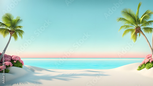 A beautiful beach scene with a blue ocean and two palm trees