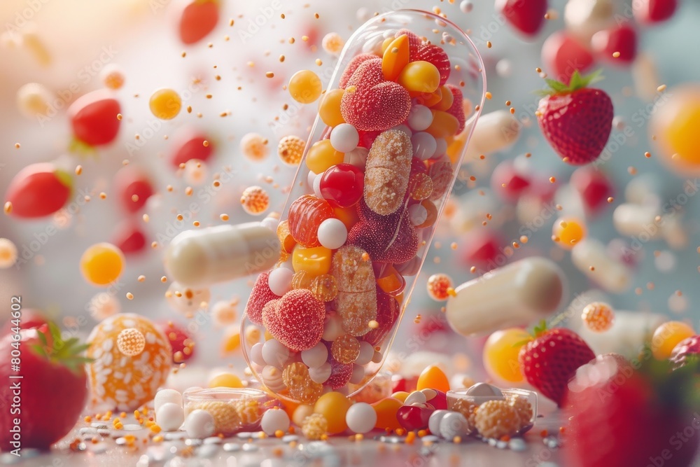 A visually intriguing image displaying a pill capsule brimming with a variety of colorful candies and treats flying out A visually intriguing image displaying a pill capsule brimming with a variety of colorful candies and treats flying out