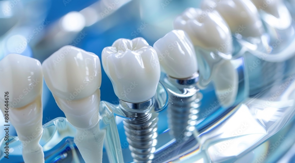 High-resolution image showcasing a set of dental implants with crowns and screws