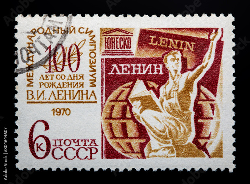 A stamp printed in the USSR devoted International Symposium on 100 years since the birth of Lenin, circa 1970