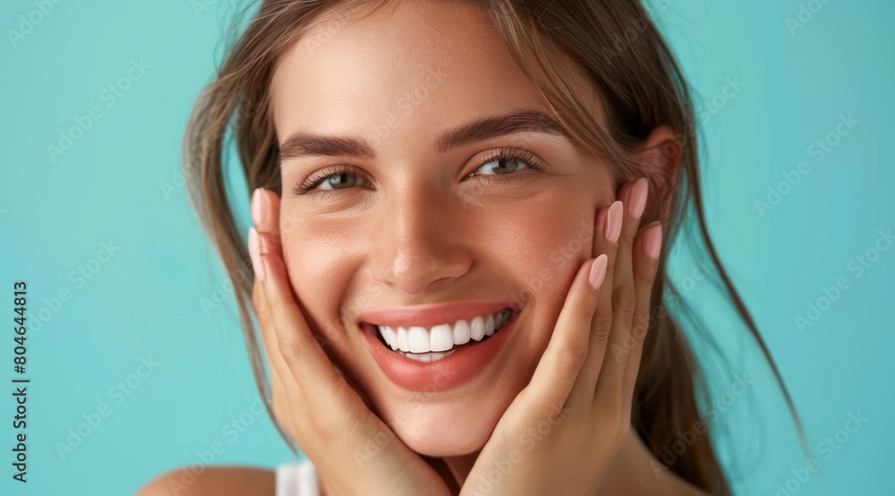 Joyful young woman smiling with hands on cheeks Joyful young woman smiling with hands on cheeks