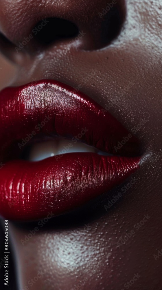 Macro shot of luscious red lips with a glossy finish, highlighting beauty and sensuality Macro shot of luscious red lips with a glossy finish, highlighting beauty and sensuality