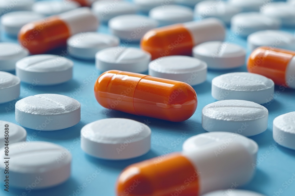 A bright orange capsule pill lies centered among a sea of white round tablets on a blue backdrop A bright orange capsule pill lies centered among a sea of white round tablets on a blue backdrop