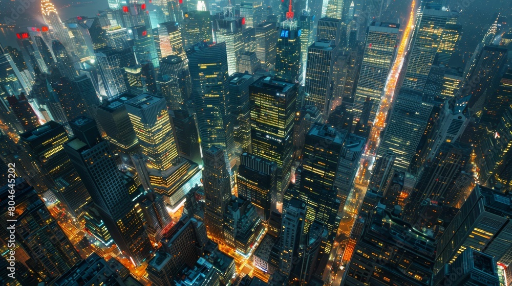 Aerial view of a bustling city at night, with glittering lights and skyscrapers Aerial view of a bustling city at night, with glittering lights and skyscrapers