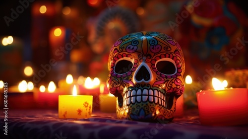 A celebration of life and death through a mesmerizing Mardi Gras sugar skull, adorned with candles and vibrant flowers.