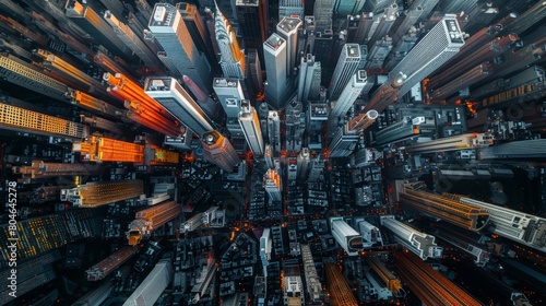 Aerial view of bustling cityscape at twilight