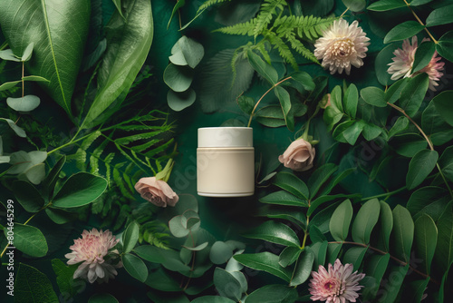 A jar of cream sits amid a colorful display of flowers and leaves. Mockup product. Generative AI