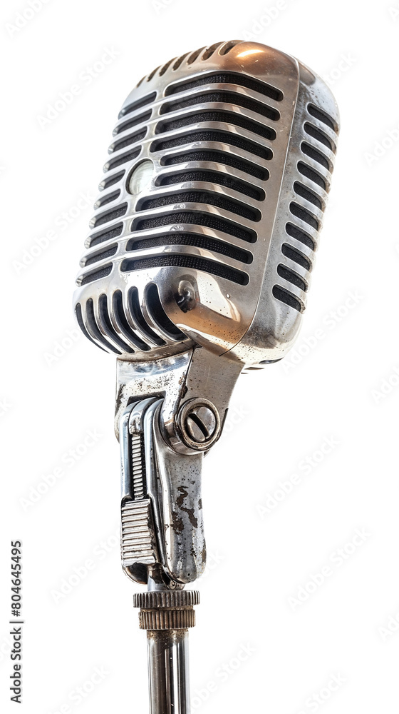 Fototapeta premium Vintage silver microphone with a metallic stand, full view isolated on a transparent background