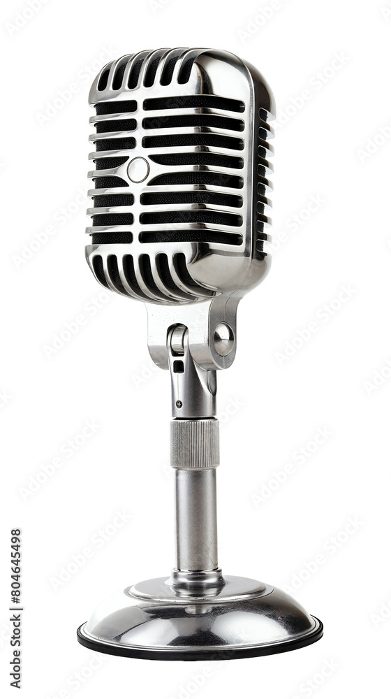 Fototapeta premium Classic Vintage Silver Microphone on Stand Isolated on Transparent Background