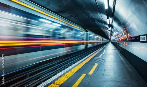 Speeding train in motion at underground station