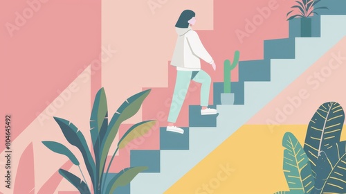 Woman ascending stairs in pastel setting