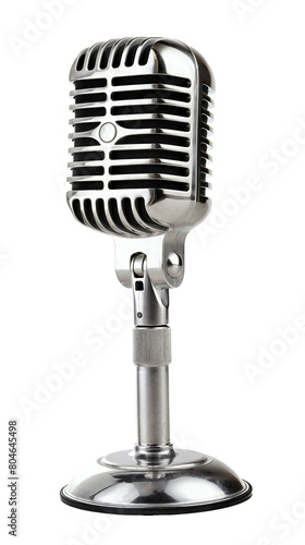 Classic Vintage Silver Microphone on Stand Isolated on Transparent Background