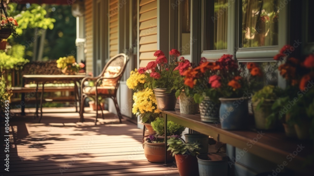 Various flowers in pots thrive on a sunny terrace, enhancing the outdoor ambiance with natural beauty.