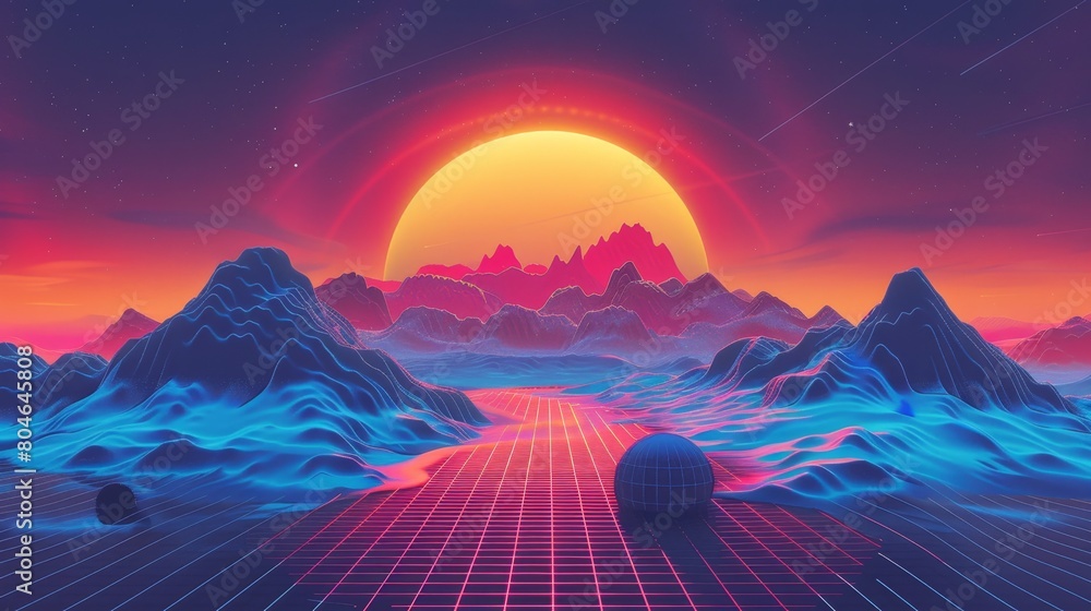 Vibrant digital art of a synthwave-inspired mountain landscape under a neon sunset