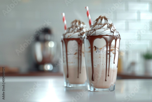 Two delicious milkshake whipped cream drizzled with chocolate caramel straws blurred kitchen background mockup space for text. Summer soft drinks  photo