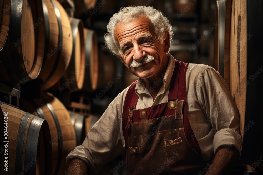 An elderly man with a gray mustache stands in front of barrels of wine and looks at the camera with a smile.