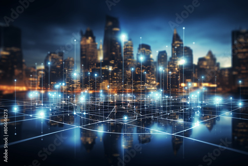Wireless network and Connection technology concept with Abstract buildings and city background