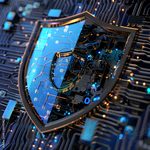Cybersecurity shield deflecting malicious cyber attacks and viruses.