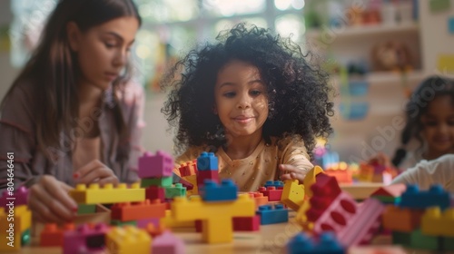 Kids engaged in creative play with colorful building blocks photo