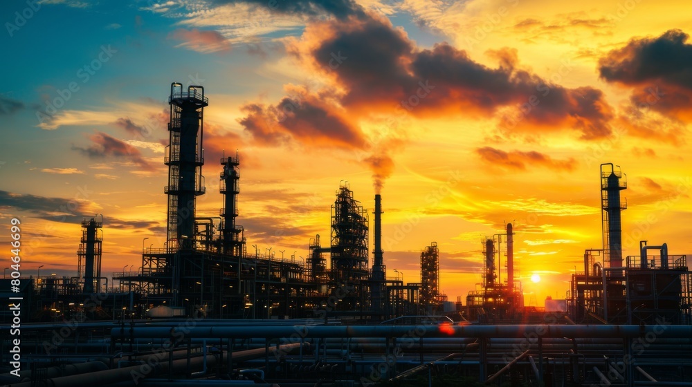 Machine of petrochemical industry with sunset yellow sky