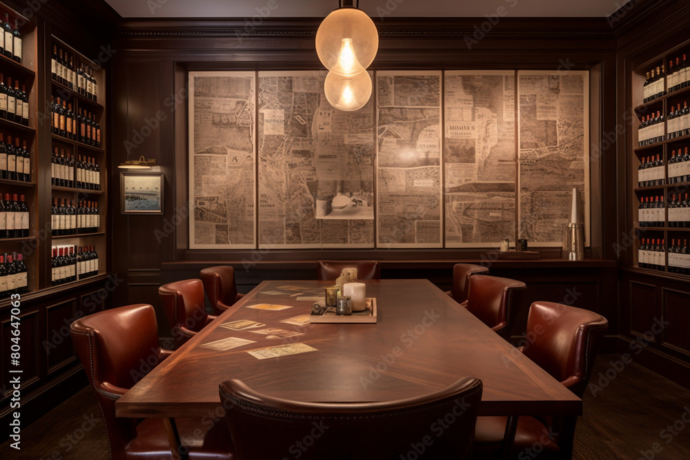 A sophisticated wine tasting room with a long tasting table, leather chairs, and walls adorned with vintage wine posters, creating the perfect setting for sampling rare vintages.