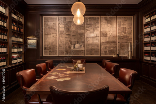 A sophisticated wine tasting room with a long tasting table  leather chairs  and walls adorned with vintage wine posters  creating the perfect setting for sampling rare vintages.